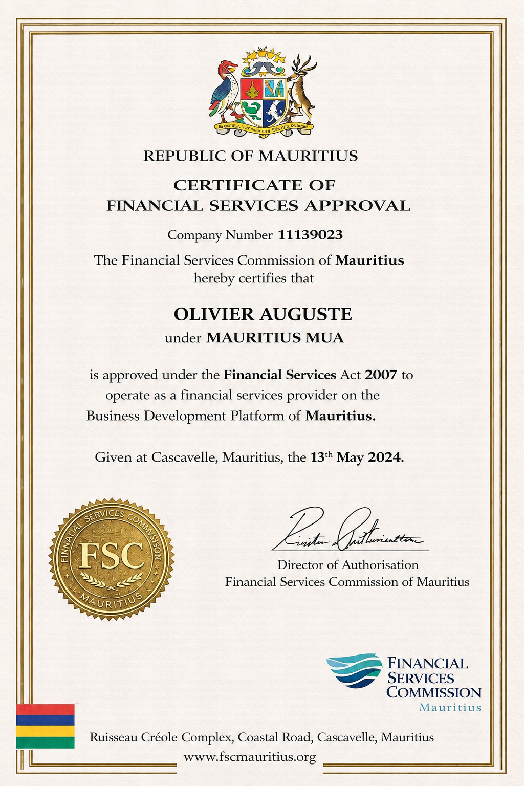 Olivier Auguste Certificate